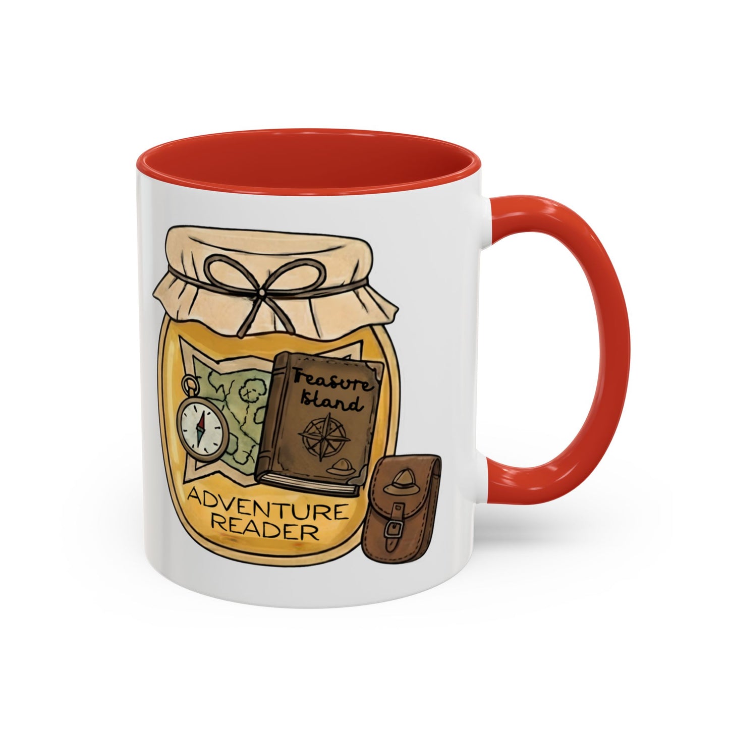 "Adventure Reader" Accent Coffee Mug — Bookish Travel Compass & Treasure Jam Jar Design