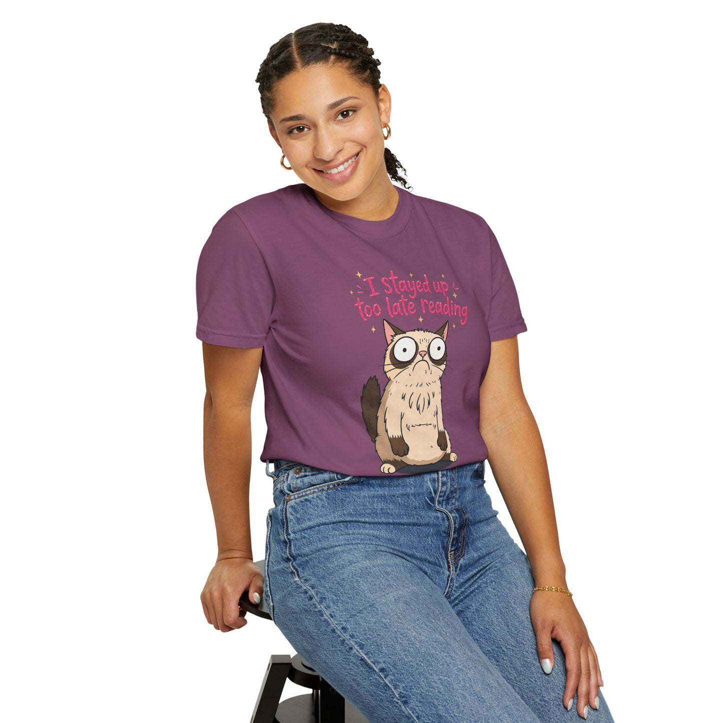 "I Stayed Up Too Late Reading" Cat T-Shirt — Cute Book Lover Graphic Tee