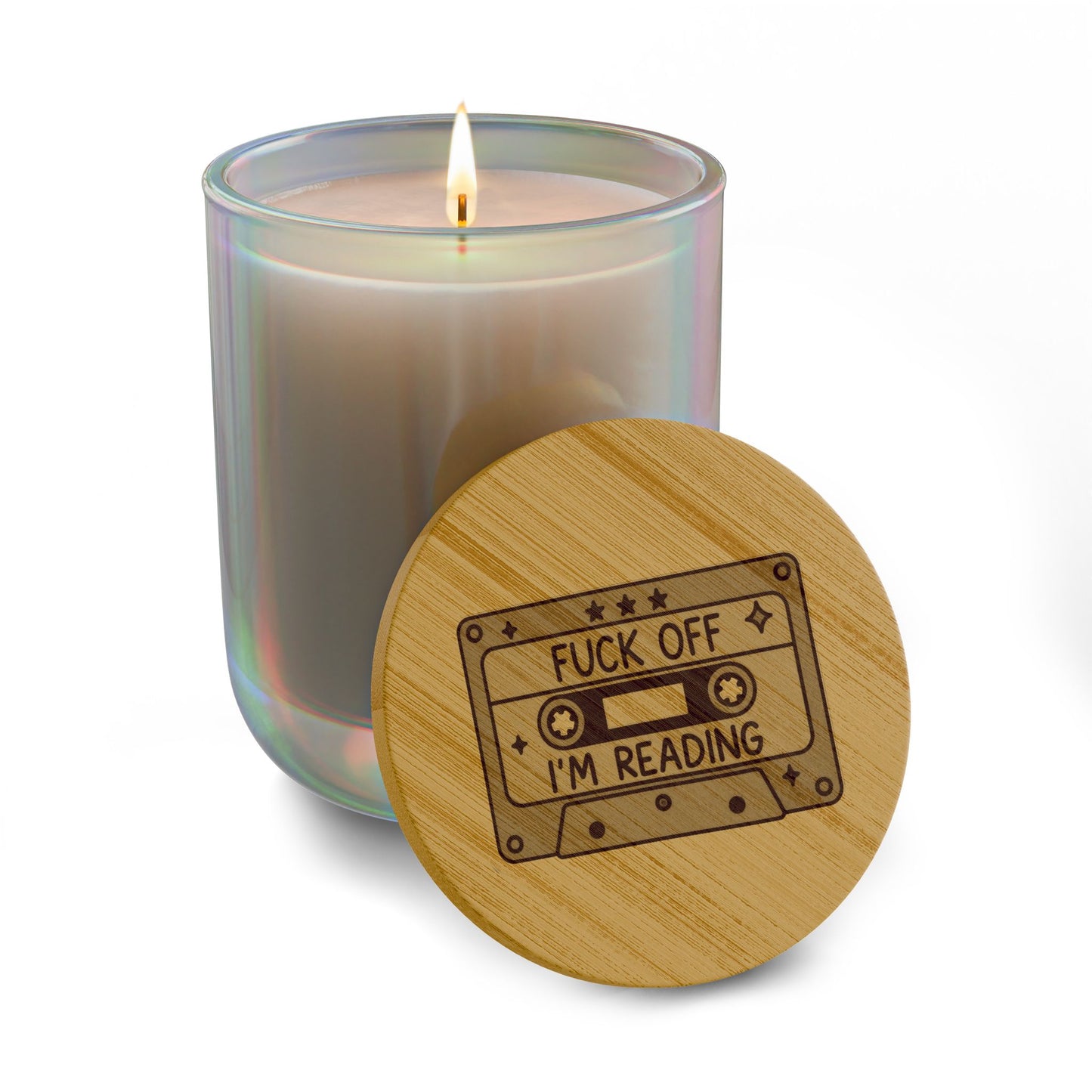 Engraved Soy Candle — “Fuck Off I’m Reading” Cassette Lid (14oz)