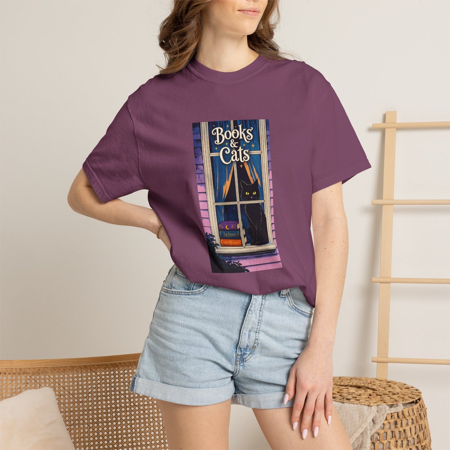 "Books & Cats" T-Shirt — Cozy Bookshop Window Graphic Tee