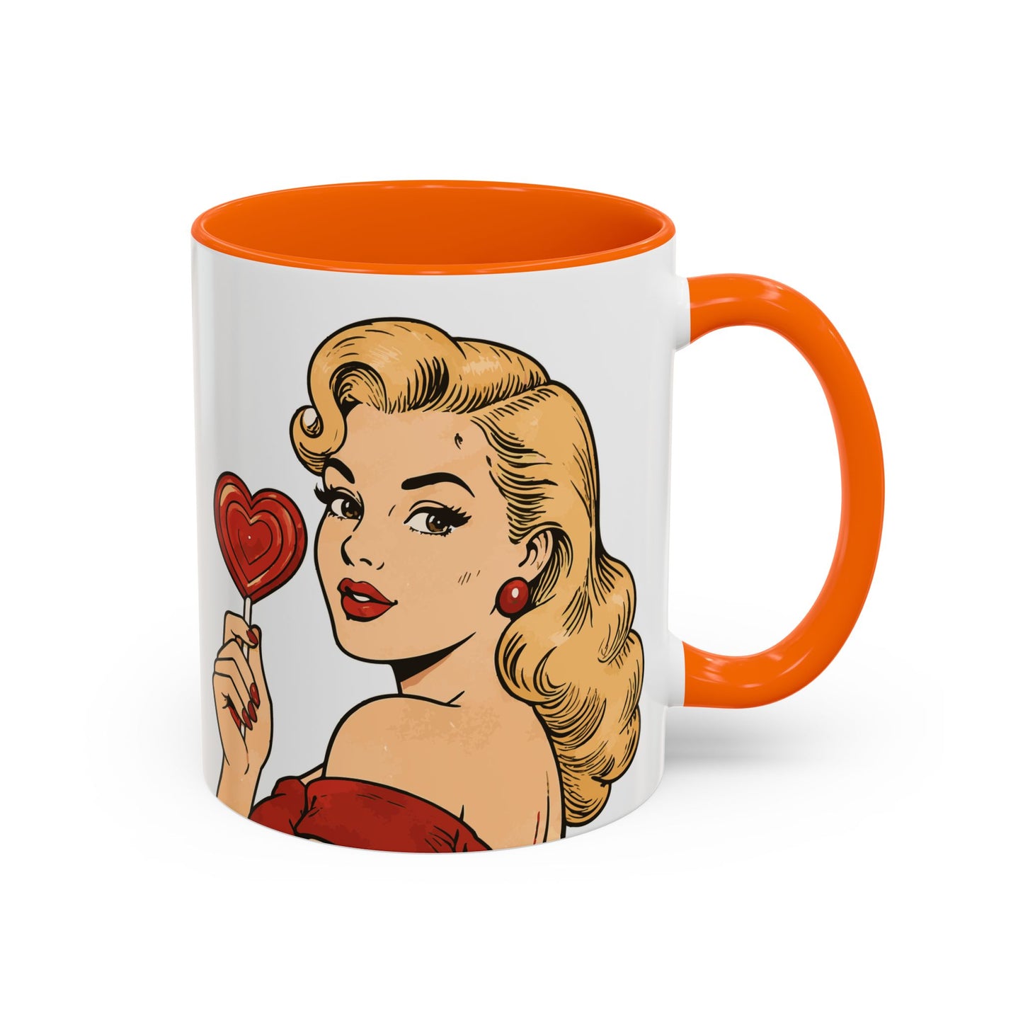Retro Pin-Up Coffee Mug — Vintage Pop Art Woman with Heart Lollipop (11oz)