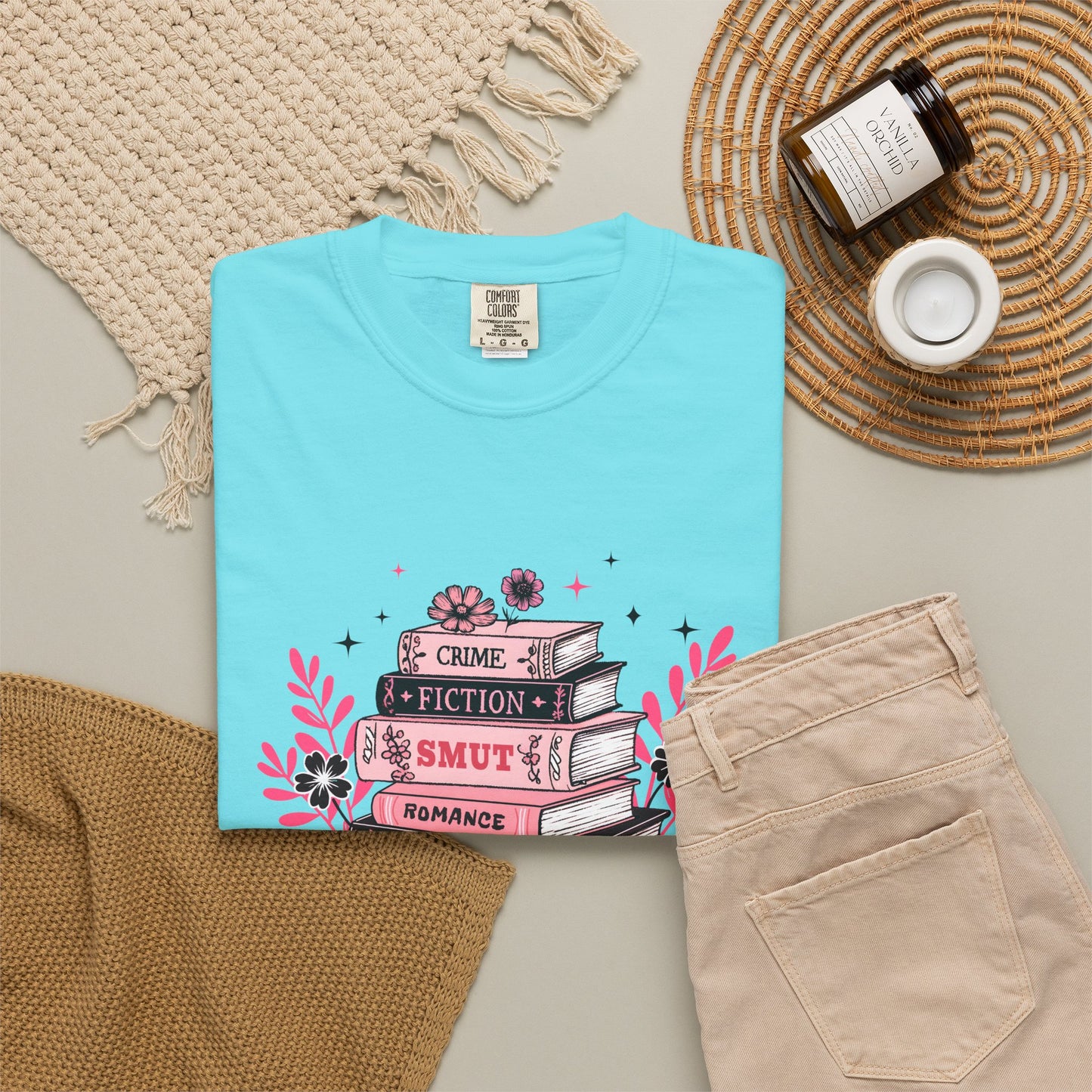 Book Stack Graphic T-Shirt — Cute Floral Reading Shirt (Crime, Fiction, Smut, Romance)