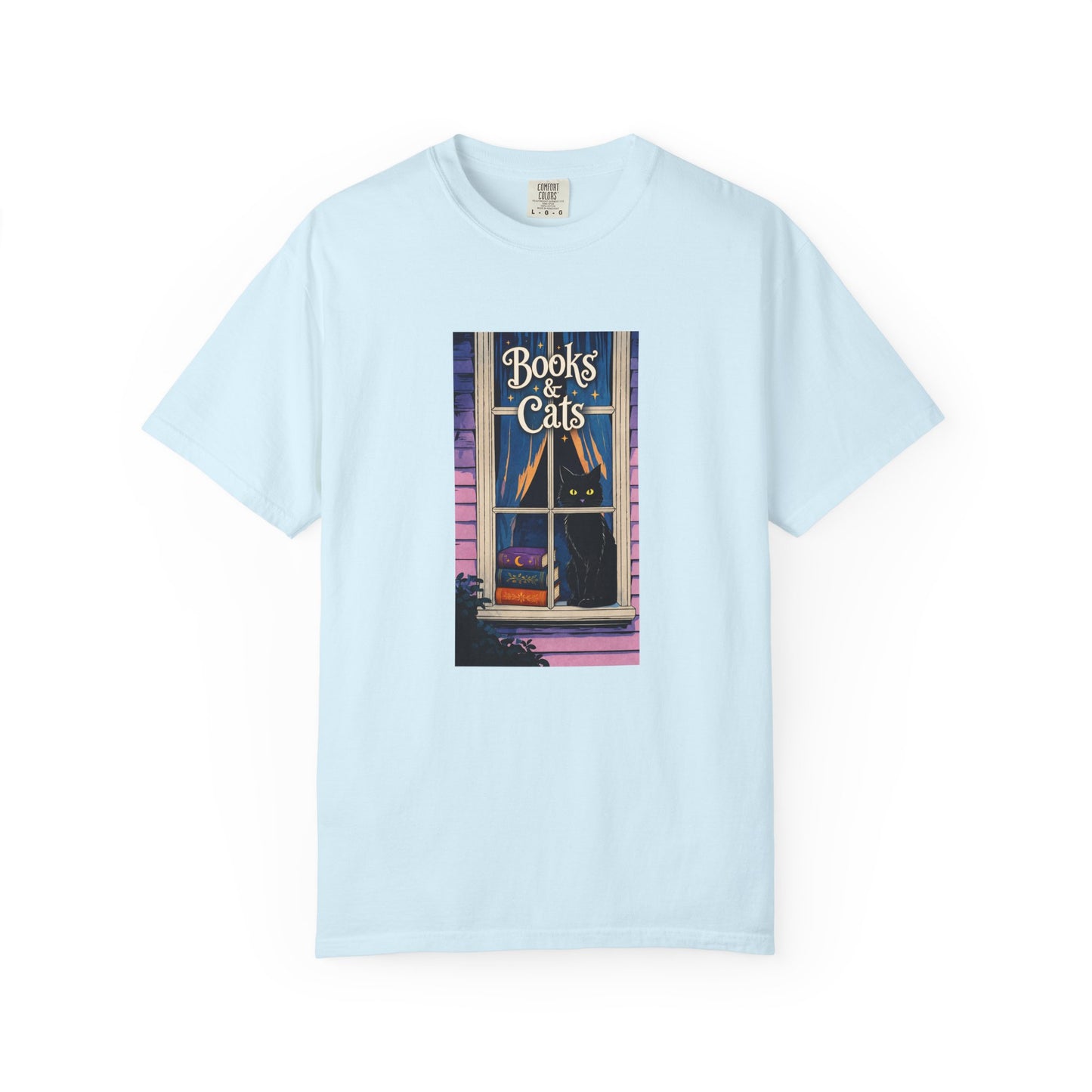 "Books & Cats" T-Shirt — Cozy Bookshop Window Graphic Tee