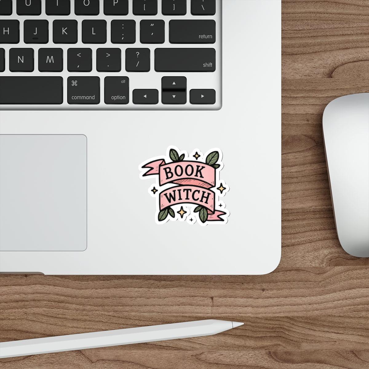 "Book Witch" Die-Cut Sticker — Cute Pink Banner, Floral Reading & Witchy Decal