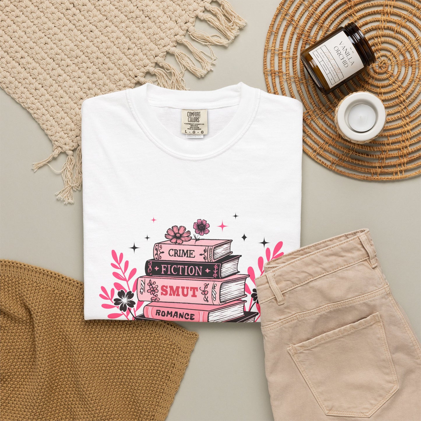 Book Stack Graphic T-Shirt — Cute Floral Reading Shirt (Crime, Fiction, Smut, Romance)
