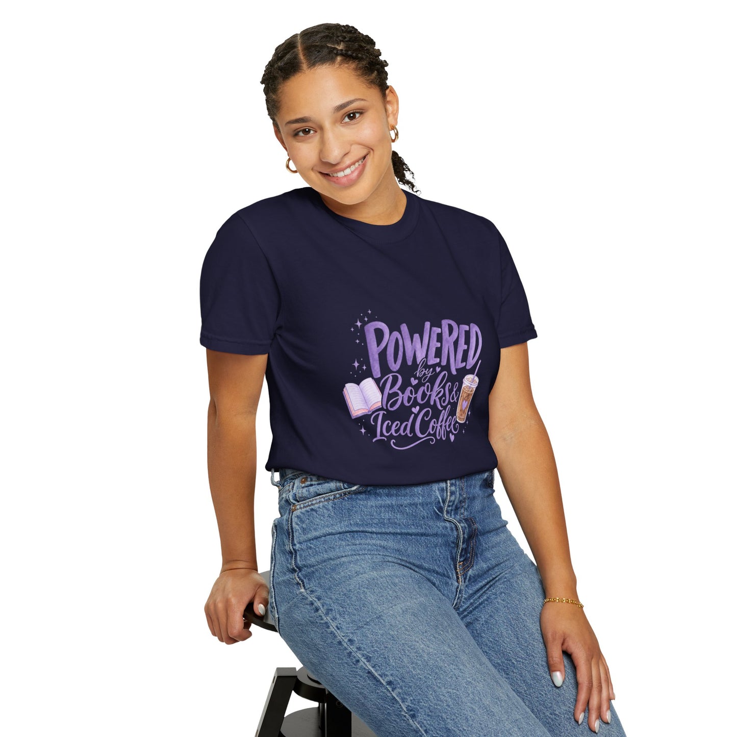 Book Lover T‑Shirt — "Powered by Books & Iced Coffee" Graphic Tee