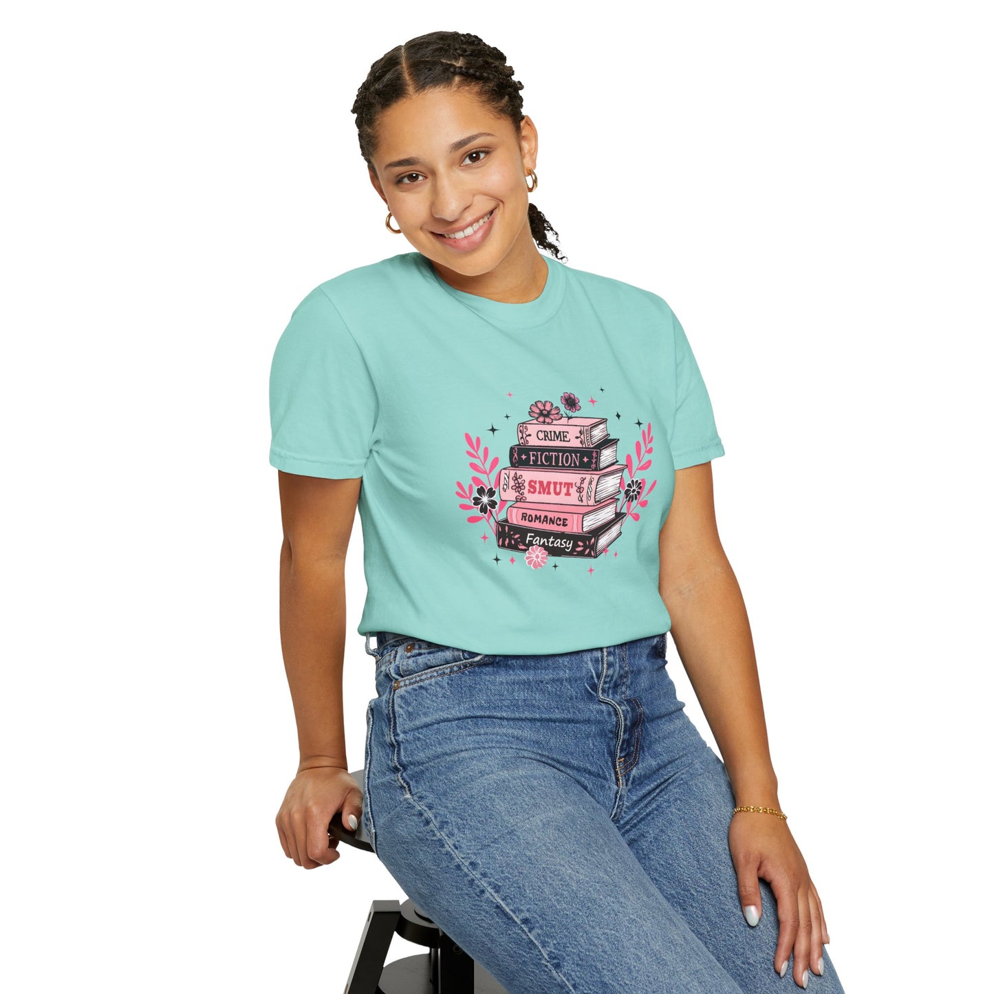 Book Stack Graphic T-Shirt — Cute Floral Reading Shirt (Crime, Fiction, Smut, Romance)