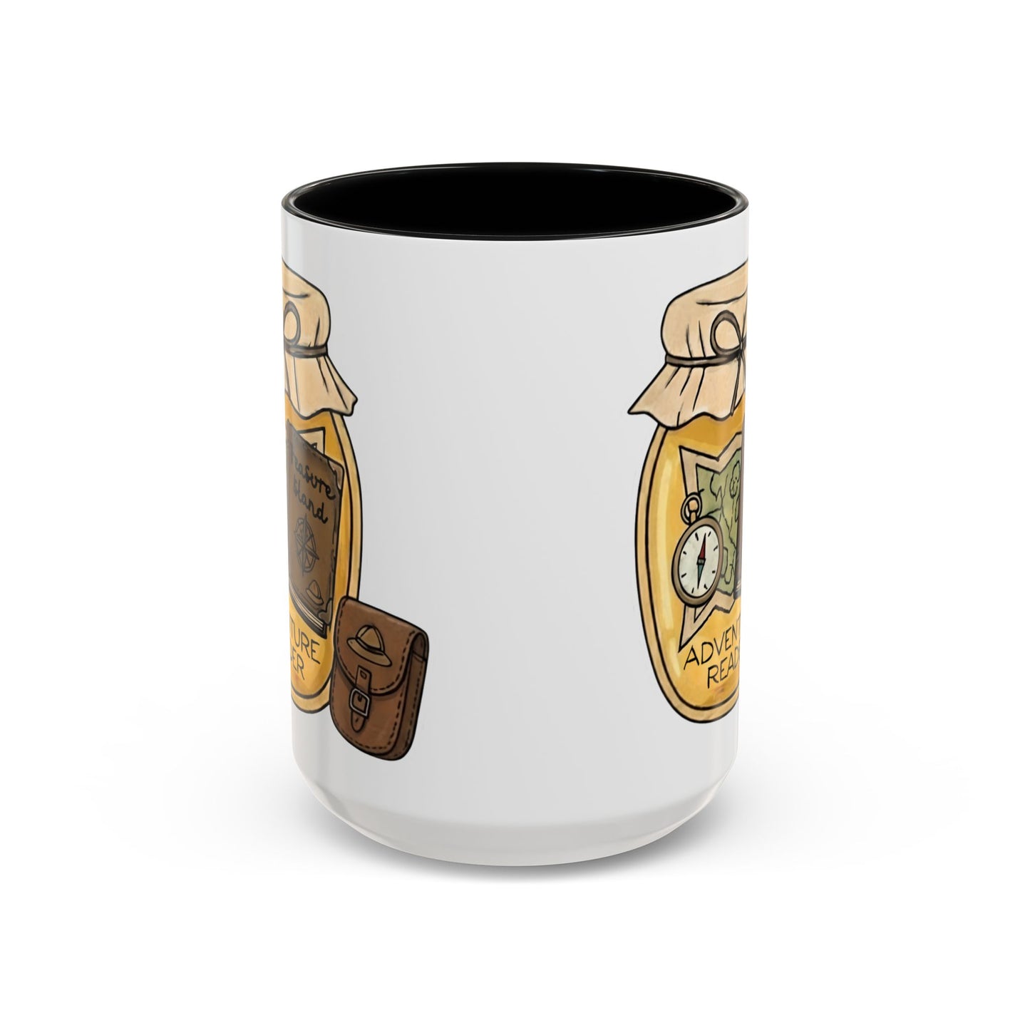 "Adventure Reader" Accent Coffee Mug — Bookish Travel Compass & Treasure Jam Jar Design