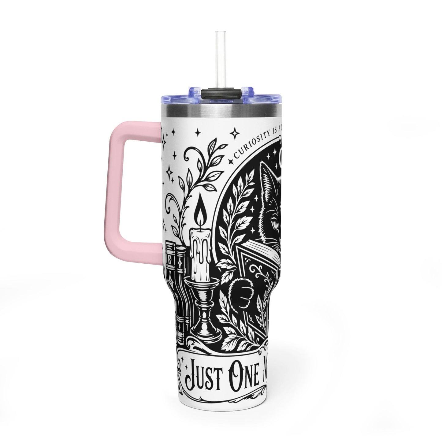 40oz Vacuum Tumbler — Black Cat "Just One More Chapter" Bookish Travel Mug