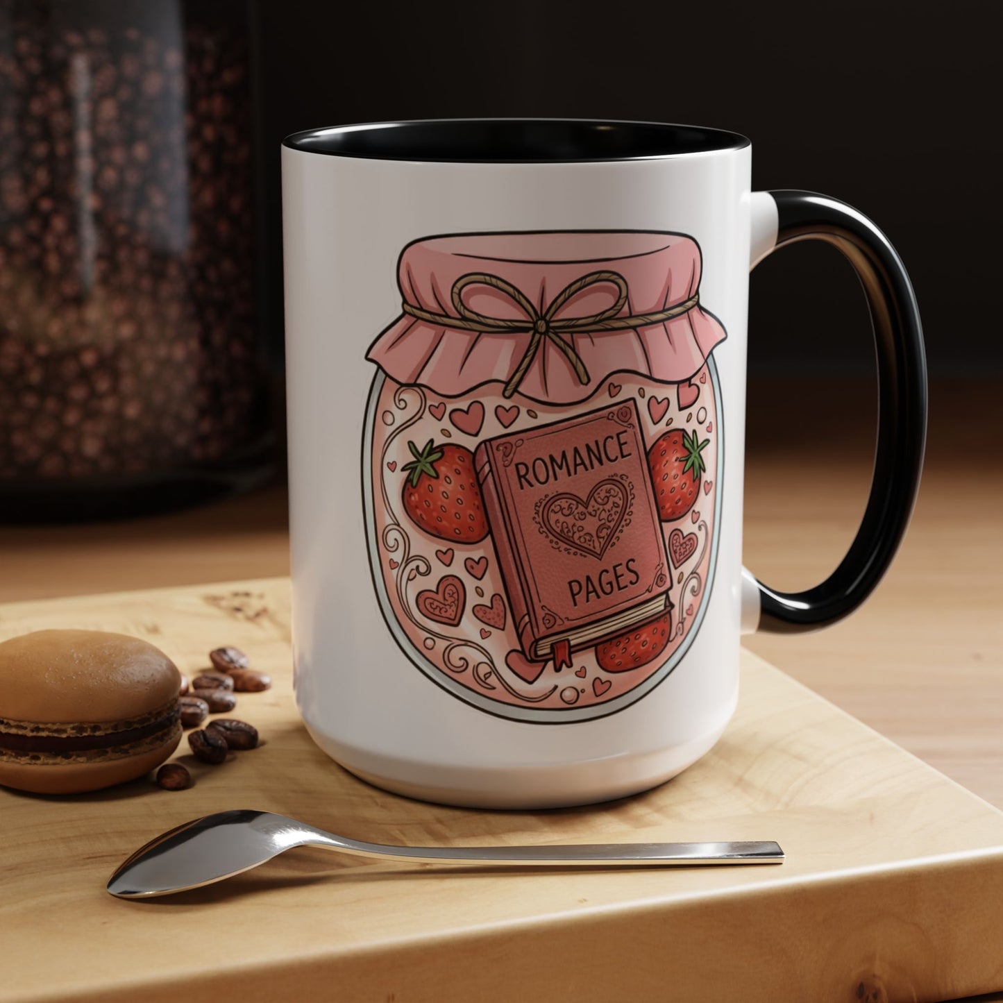 "Romance Pages" Jam Jar Coffee Mug — Cute Strawberry Jam Romance Readers Mug (11/15oz)