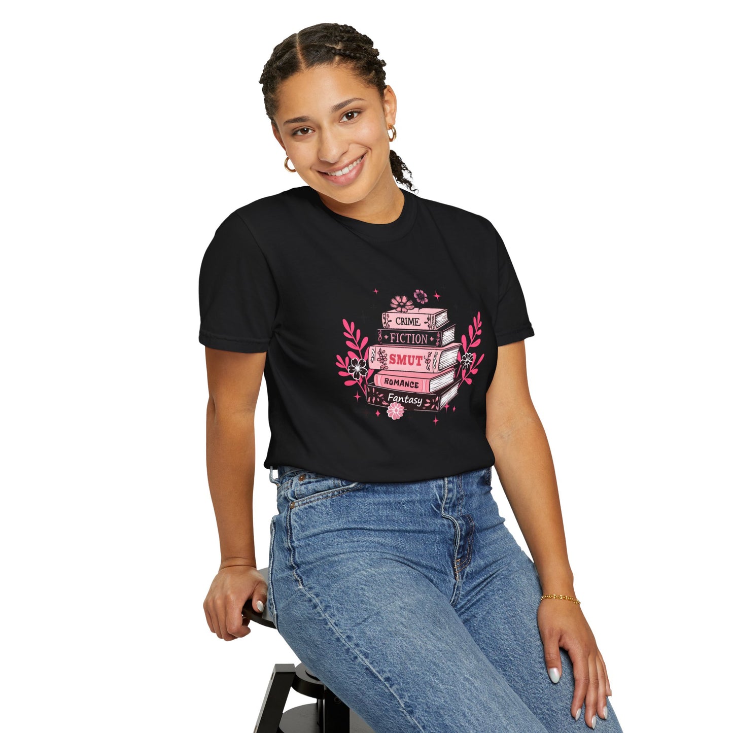 Book Stack Graphic T-Shirt — Cute Floral Reading Shirt (Crime, Fiction, Smut, Romance)