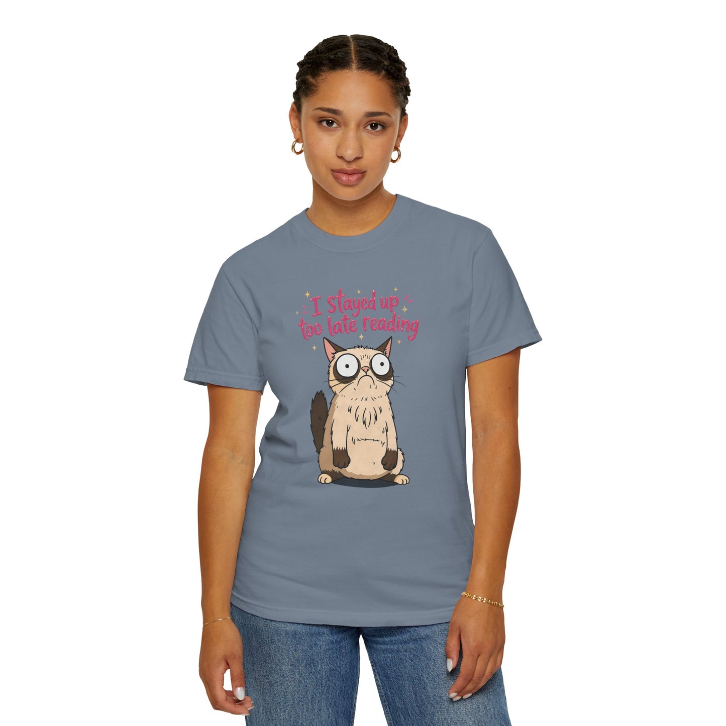 "I Stayed Up Too Late Reading" Cat T-Shirt — Cute Book Lover Graphic Tee