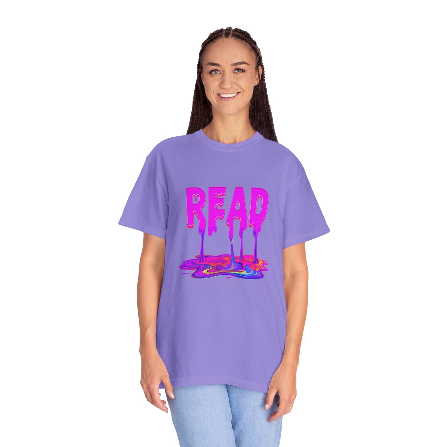 "READ" Dripping Graphic T-Shirt — Psychedelic Melting Book Design