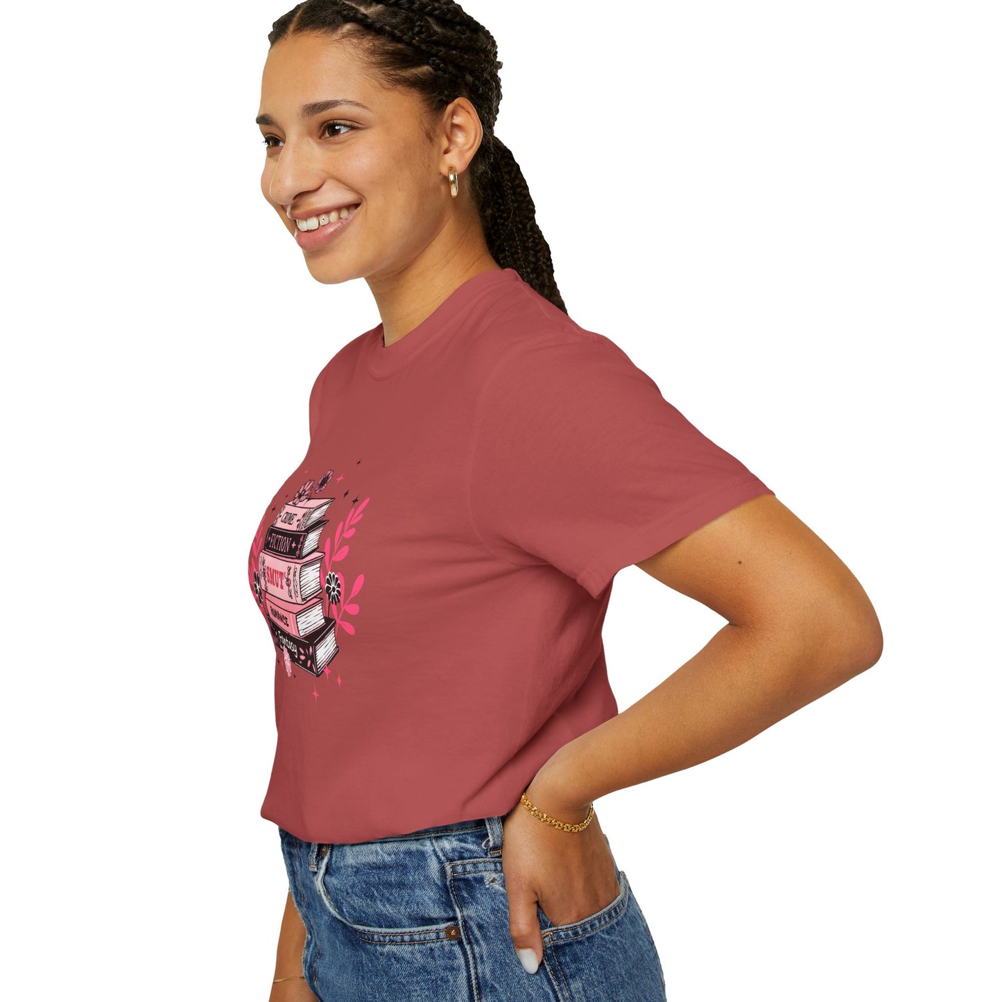 Book Stack Graphic T-Shirt — Cute Floral Reading Shirt (Crime, Fiction, Smut, Romance)