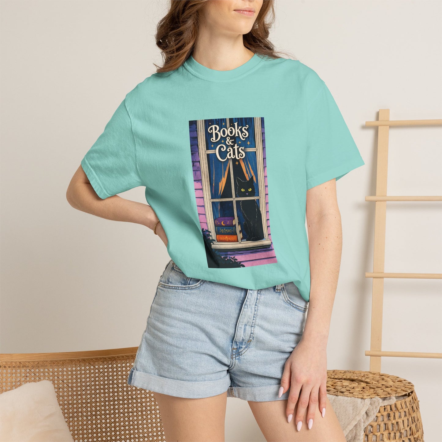 "Books & Cats" T-Shirt — Cozy Bookshop Window Graphic Tee