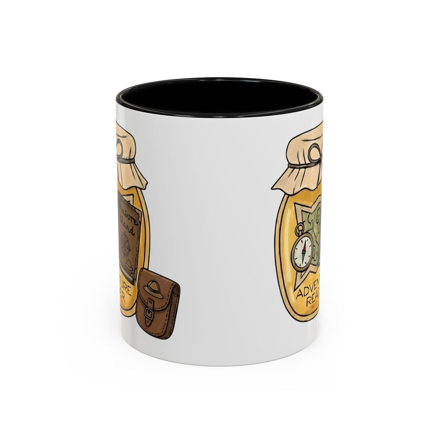 "Adventure Reader" Accent Coffee Mug — Bookish Travel Compass & Treasure Jam Jar Design