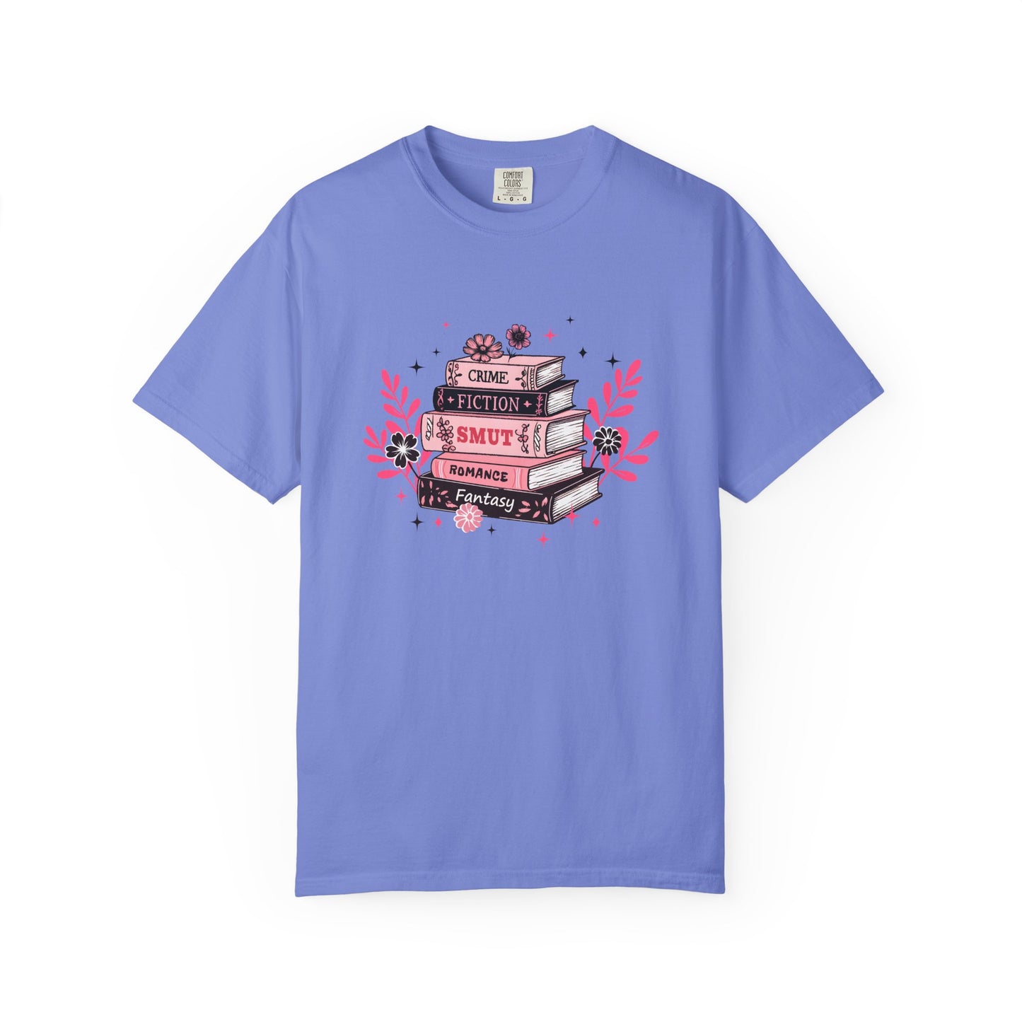 Book Stack Graphic T-Shirt — Cute Floral Reading Shirt (Crime, Fiction, Smut, Romance)