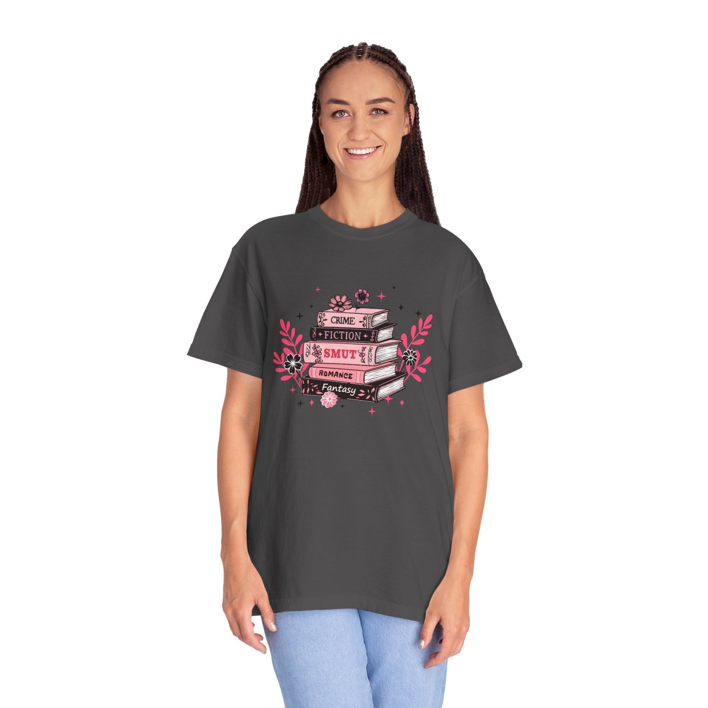 Book Stack Graphic T-Shirt — Cute Floral Reading Shirt (Crime, Fiction, Smut, Romance)
