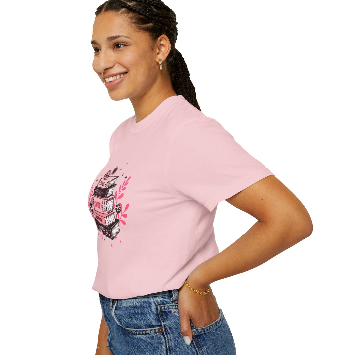 Book Stack Graphic T-Shirt — Cute Floral Reading Shirt (Crime, Fiction, Smut, Romance)
