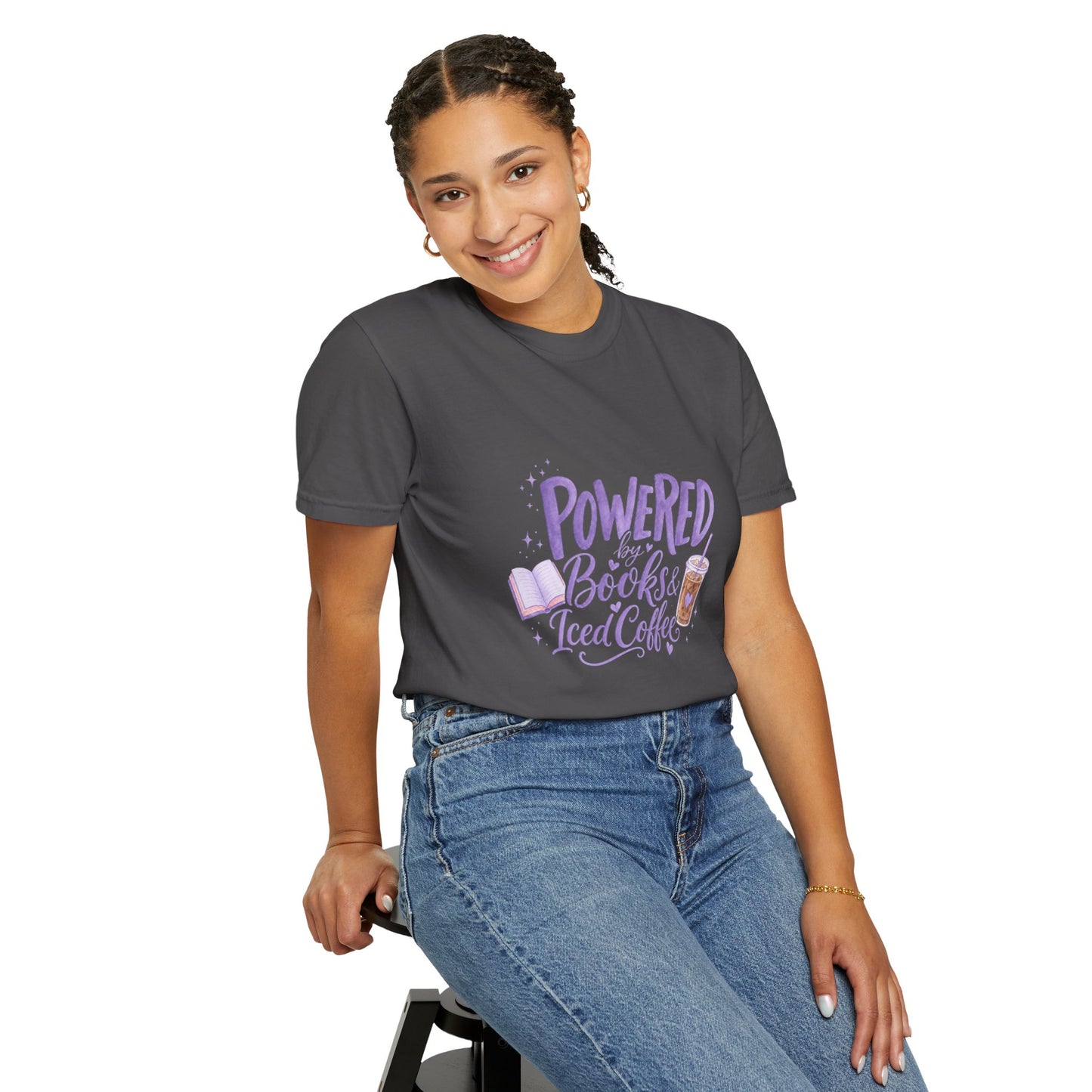 Book Lover T‑Shirt — "Powered by Books & Iced Coffee" Graphic Tee