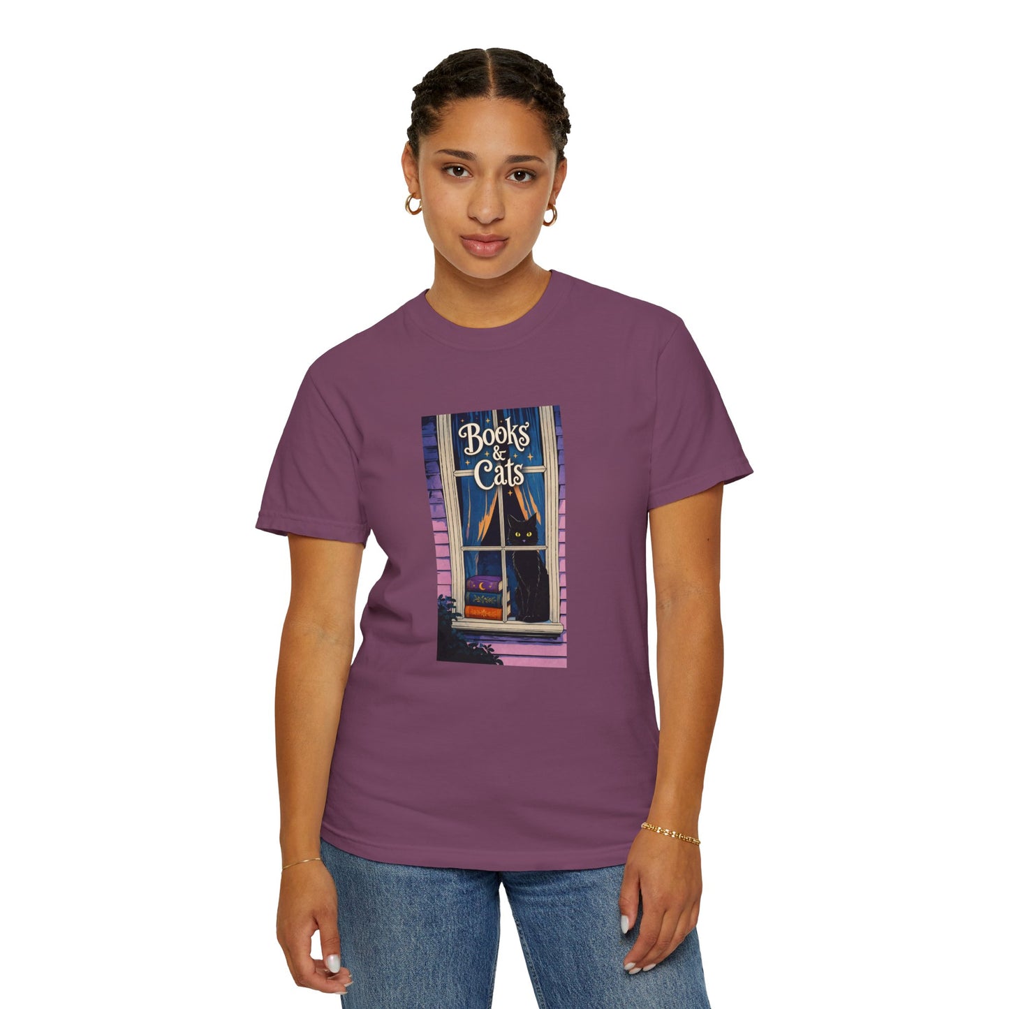 "Books & Cats" T-Shirt — Cozy Bookshop Window Graphic Tee