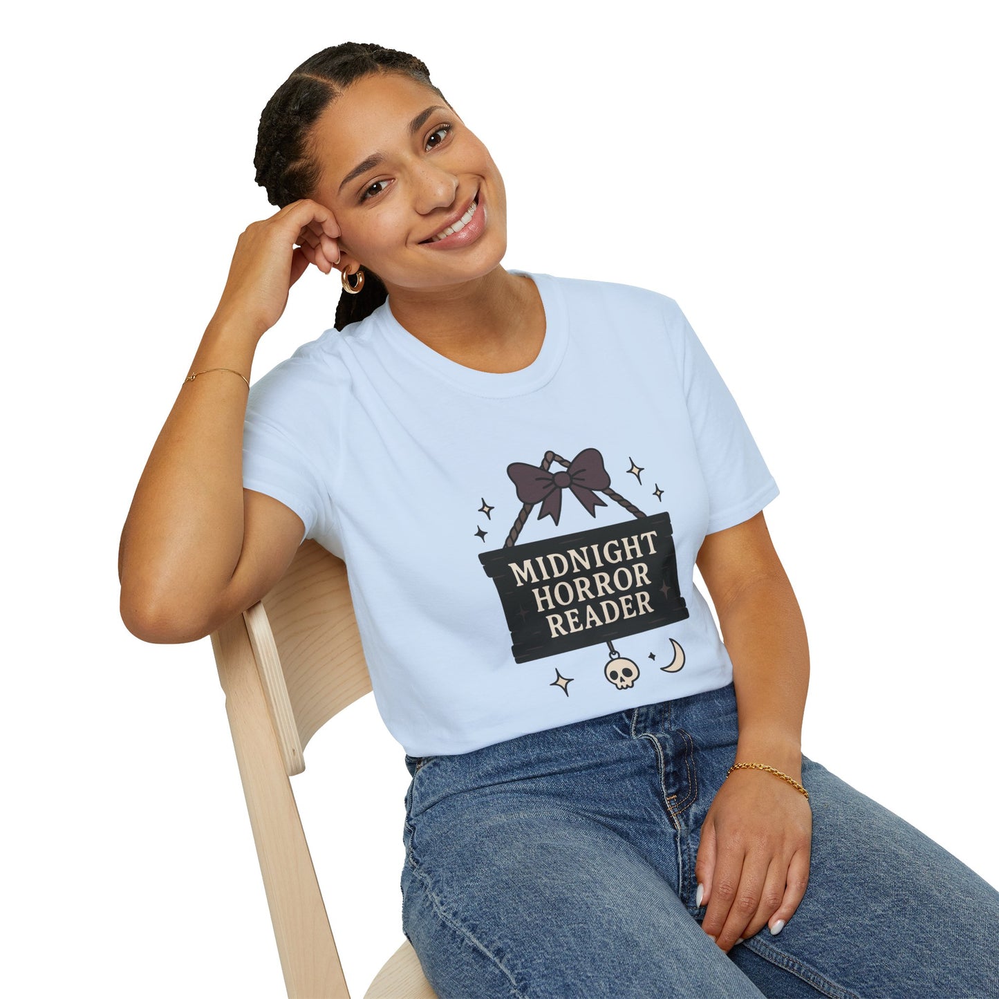 Lightweight Fabric - "Midnight Horror Reader" T-Shirt — Spooky Book Lover Graphic Tee
