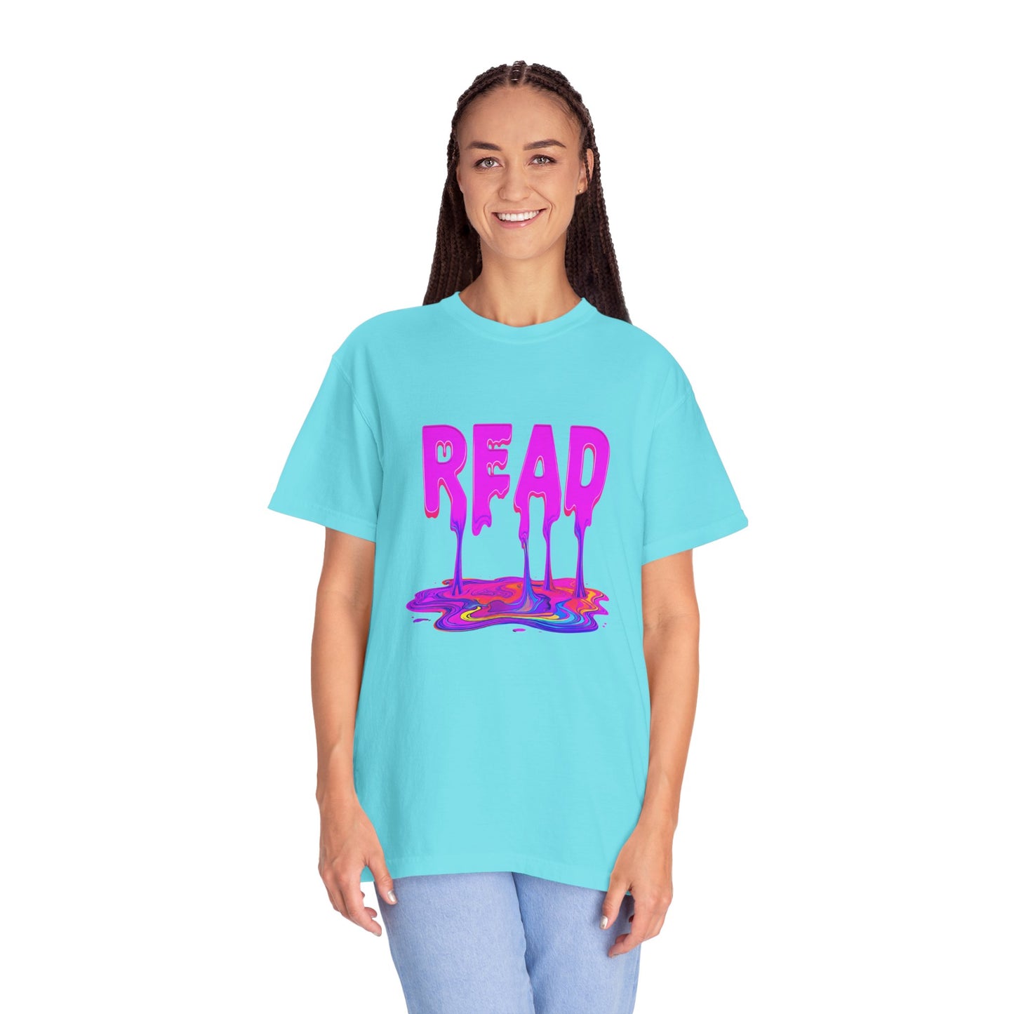 "READ" Dripping Graphic T-Shirt — Psychedelic Melting Book Design