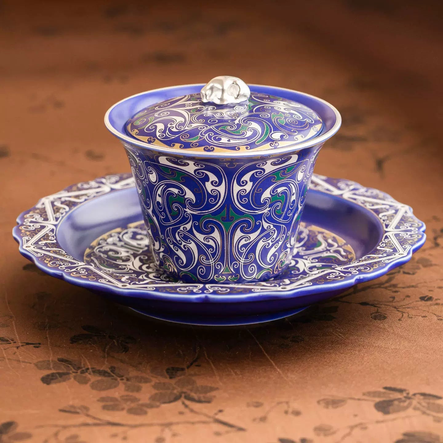 Service Gaiwan et soucoupe en filigrane impérial bleu argenté | Cadeau de cérémonie du thé en porcelaine fait main