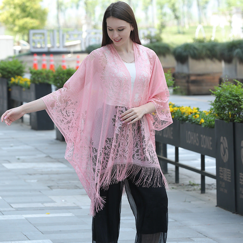Châle cardigan frangé en dentelle grande taille, châle de protection solaire, châle de soirée pour femme, châle de voyage et de vacances à la plage