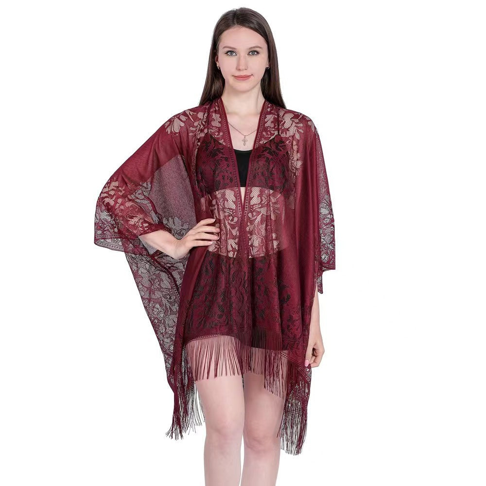 Châle cardigan frangé en dentelle grande taille, châle de protection solaire, châle de soirée pour femme, châle de voyage et de vacances à la plage