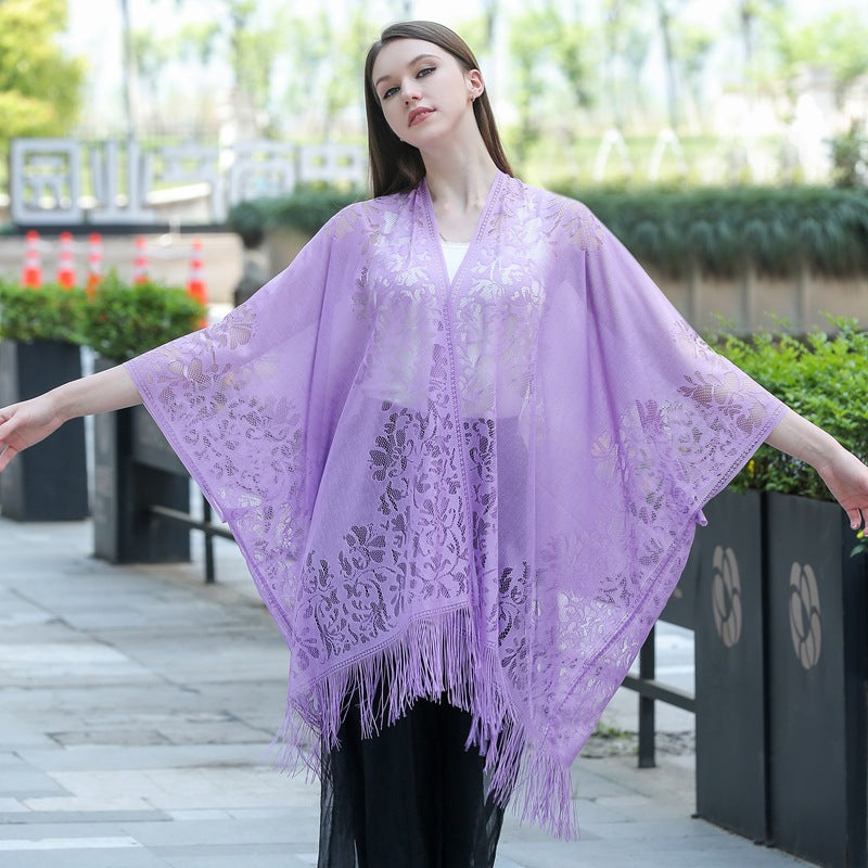 Châle cardigan frangé en dentelle grande taille, châle de protection solaire, châle de soirée pour femme, châle de voyage et de vacances à la plage