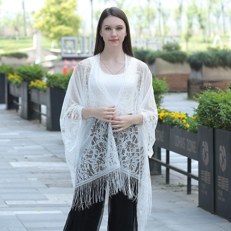 Châle cardigan frangé en dentelle grande taille, châle de protection solaire, châle de soirée pour femme, châle de voyage et de vacances à la plage