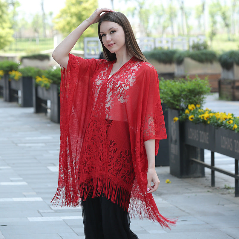 Châle cardigan frangé en dentelle grande taille, châle de protection solaire, châle de soirée pour femme, châle de voyage et de vacances à la plage