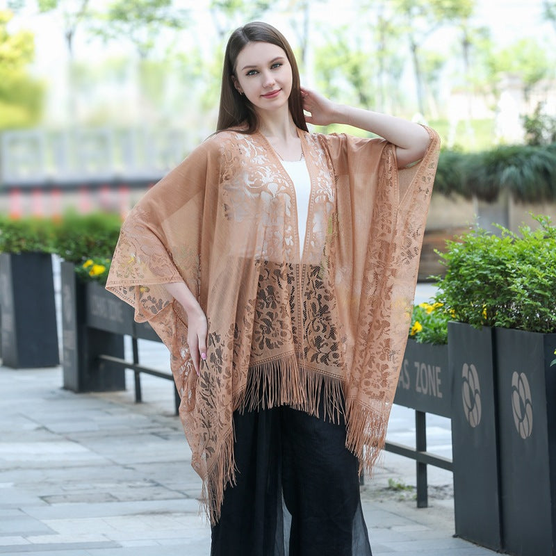 Châle cardigan frangé en dentelle grande taille, châle de protection solaire, châle de soirée pour femme, châle de voyage et de vacances à la plage