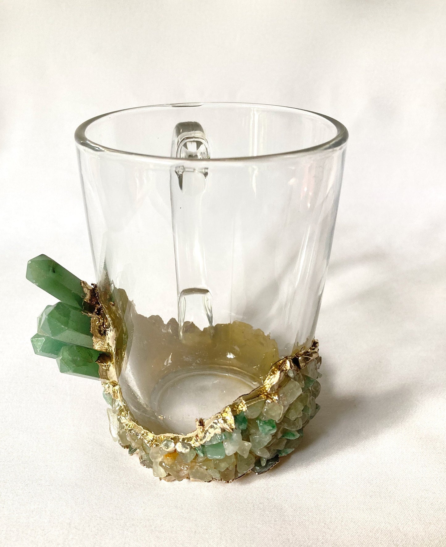 Lot de 2 | Tasses à café/thé/jus en verre de cristal avec cristaux semi-précieux d'agate verte plaquée or | 320 ml