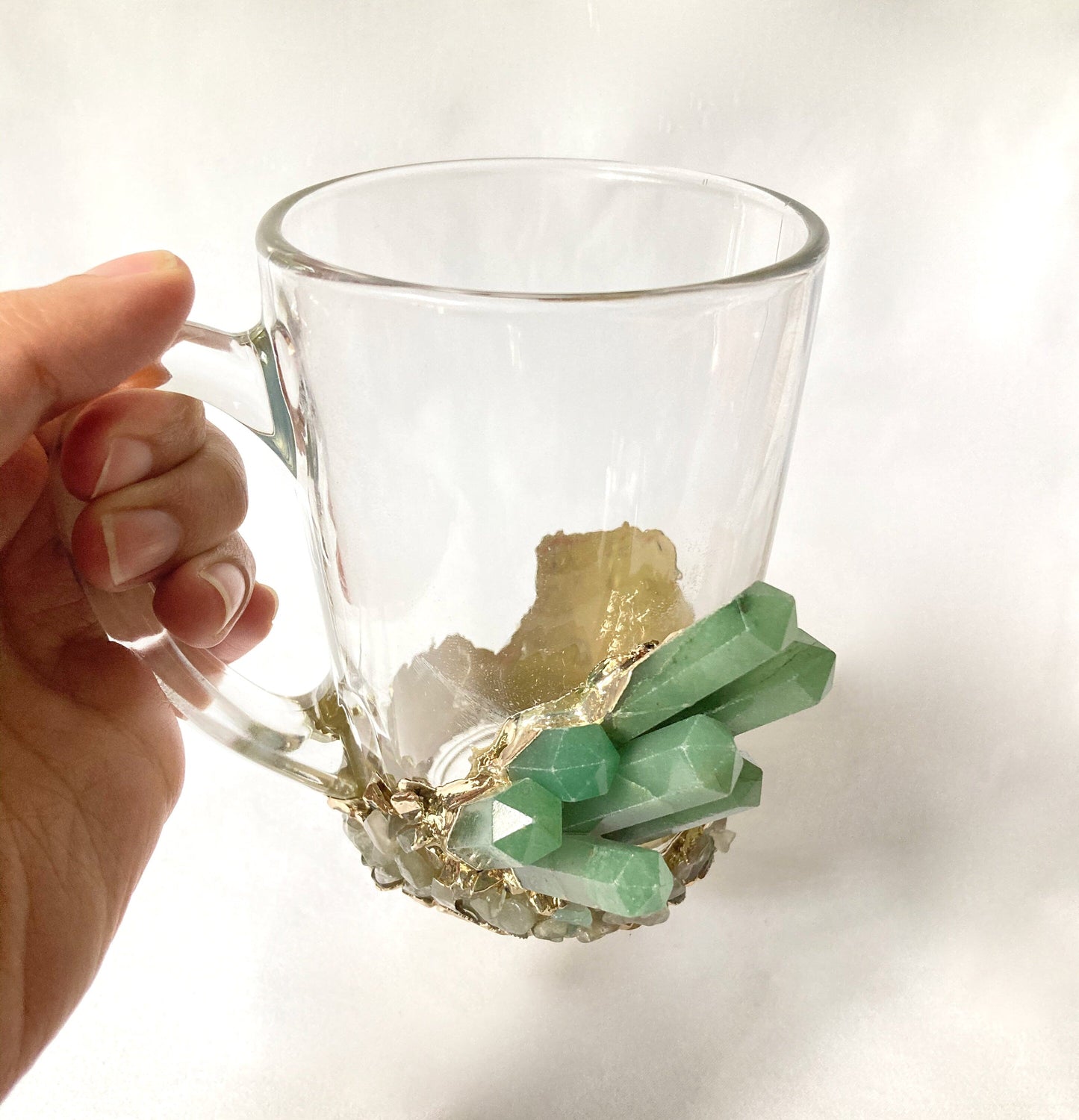 Lot de 2 | Tasses à café/thé/jus en verre de cristal avec cristaux semi-précieux d'agate verte plaquée or | 320 ml