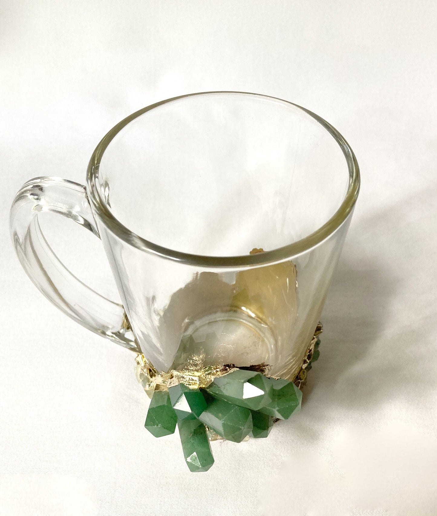 Lot de 2 | Tasses à café/thé/jus en verre de cristal avec cristaux semi-précieux d'agate verte plaquée or | 320 ml