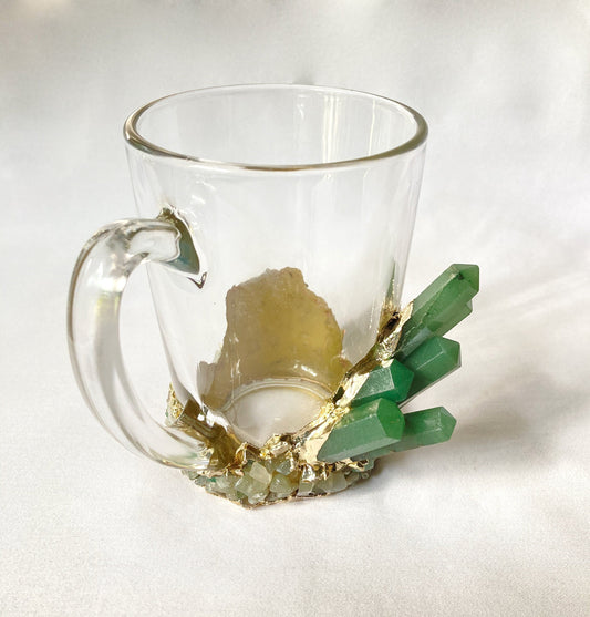 Set of 2 |Crystal Glass Coffee/Tea/Juice Mugs with Gold Plated Green Agate Semi-precious Crystals | 11 oz/320 ml
