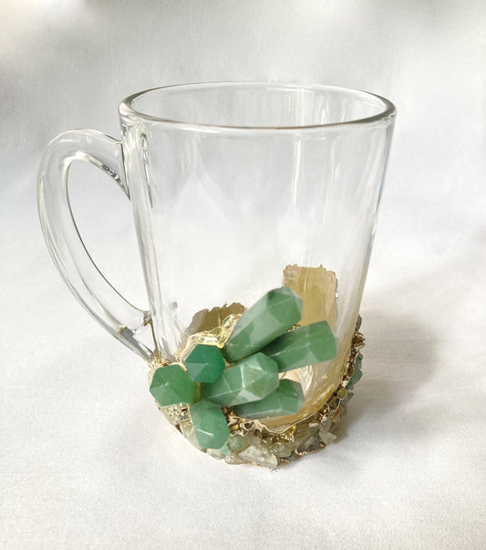 Set of 2 |Crystal Glass Coffee/Tea/Juice Mugs with Gold Plated Green Agate Semi-precious Crystals | 11 oz/320 ml