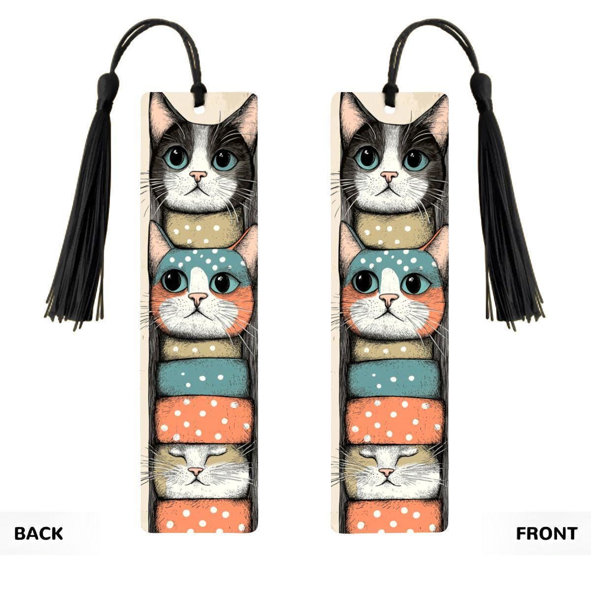 ColorFlow | Stacked Cats Metal Bookmark Quirky Retro Feline Illustration Playful Kitty Art Double Sided Design | Optional Personalization-2