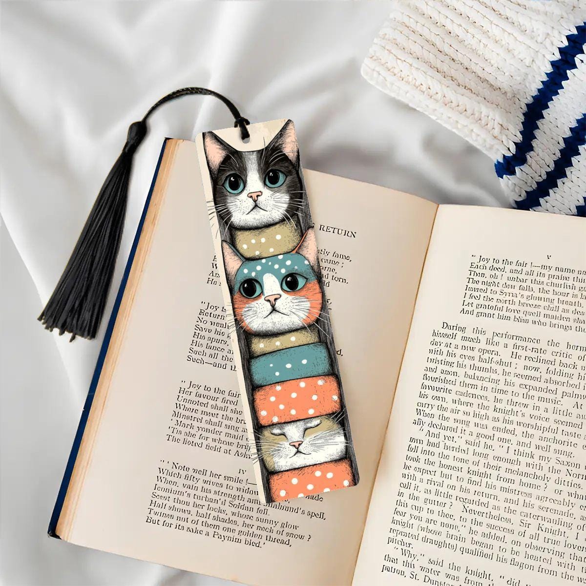 ColorFlow | Stacked Cats Metal Bookmark Quirky Retro Feline Illustration Playful Kitty Art Double Sided Design | Optional Personalization-3