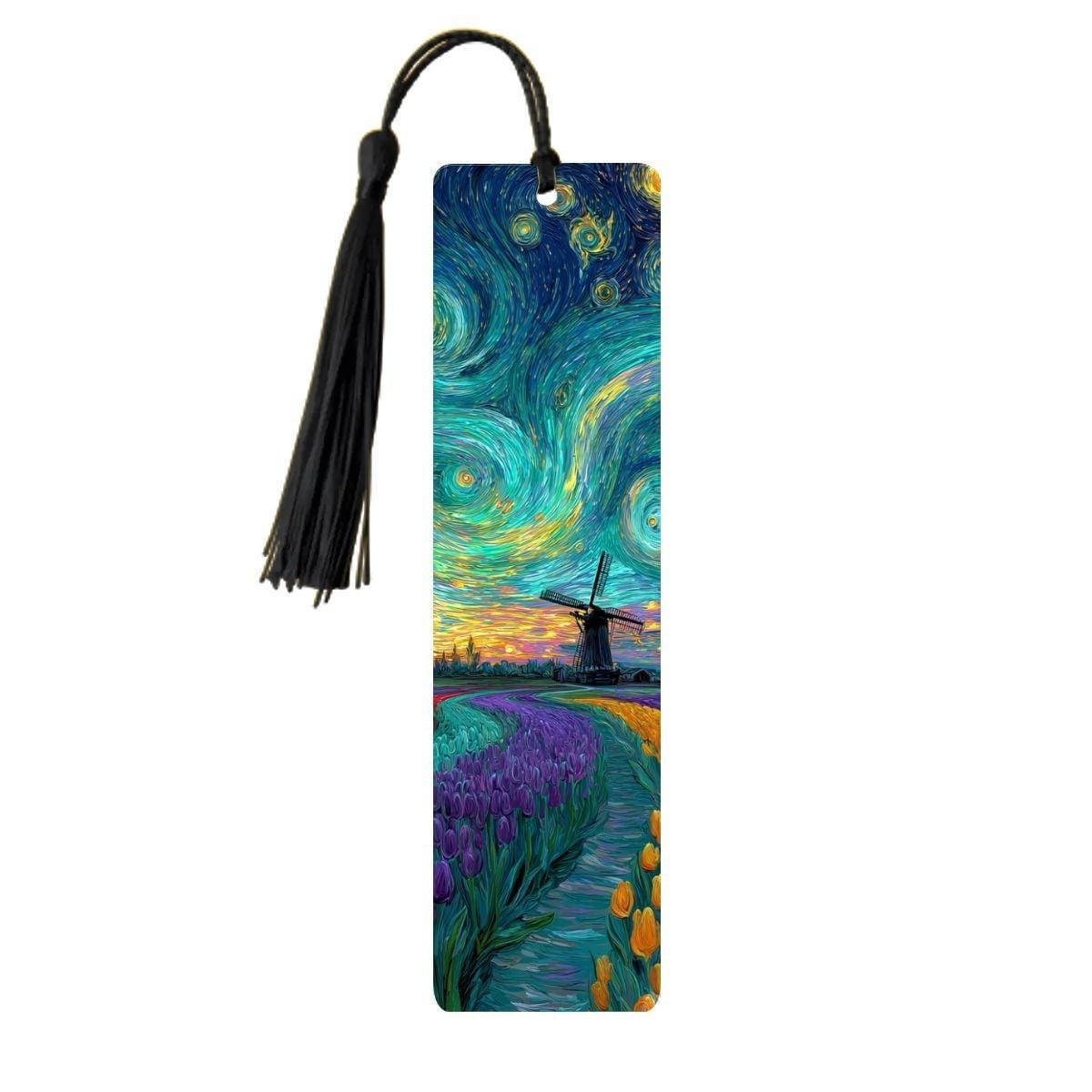 ColorFlow | Vibrant Tulip Field Windmill Metal Bookmark Van Gogh Style Sunset Swirl Art Double Sided Aluminum Reading Gift | Optional Person-1