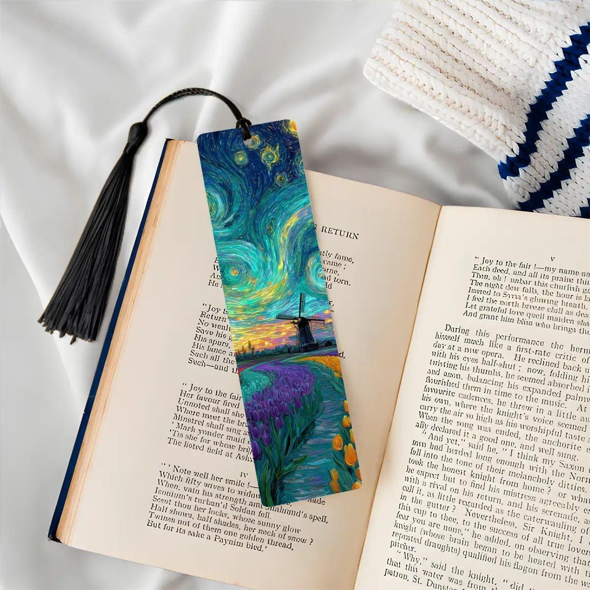 ColorFlow | Vibrant Tulip Field Windmill Metal Bookmark Van Gogh Style Sunset Swirl Art Double Sided Aluminum Reading Gift | Optional Person-3