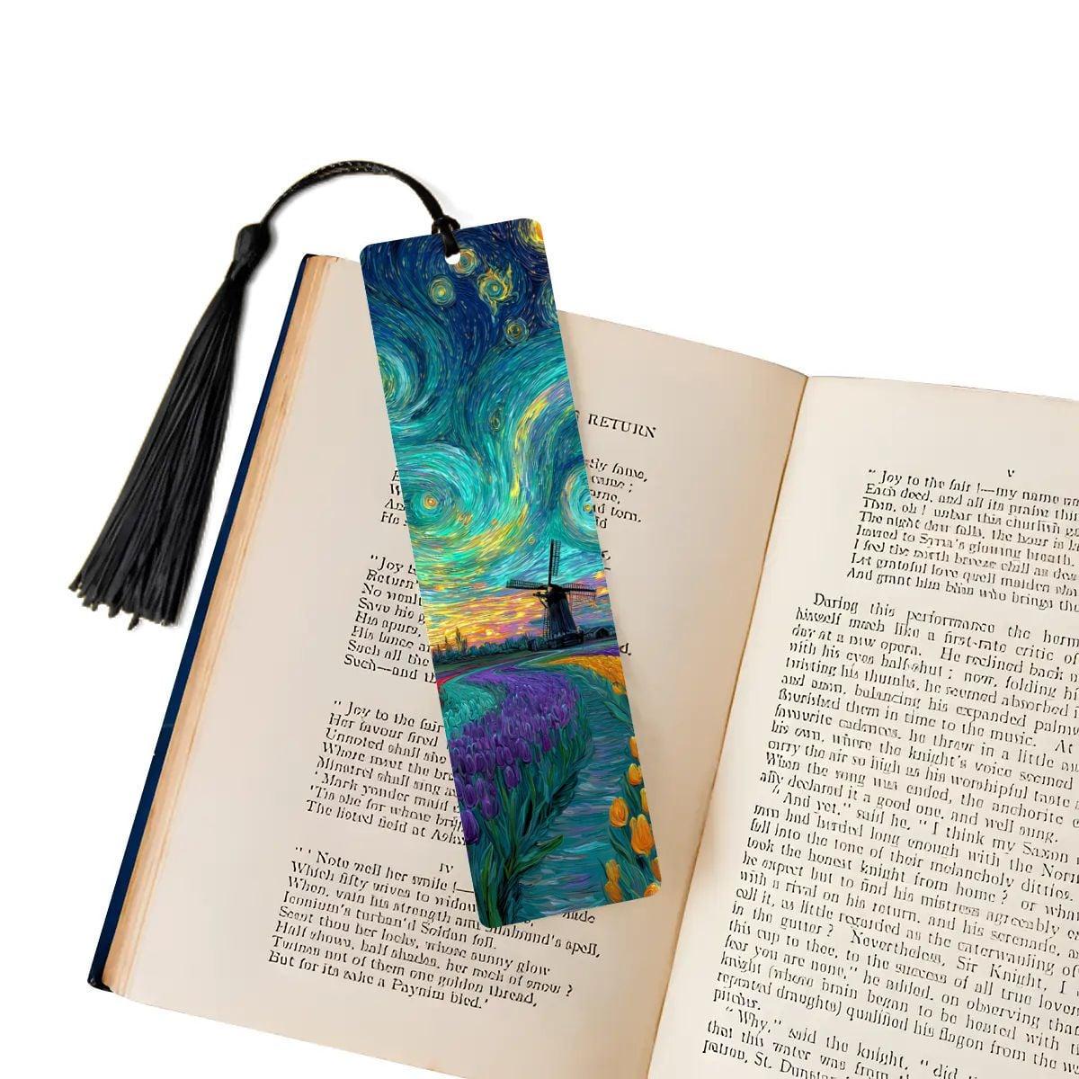 ColorFlow | Vibrant Tulip Field Windmill Metal Bookmark Van Gogh Style Sunset Swirl Art Double Sided Aluminum Reading Gift | Optional Person-0