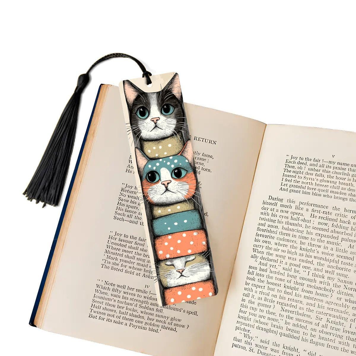 ColorFlow | Stacked Cats Metal Bookmark Quirky Retro Feline Illustration Playful Kitty Art Double Sided Design | Optional Personalization-0