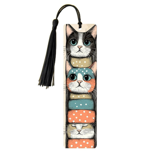 ColorFlow | Stacked Cats Metal Bookmark Quirky Retro Feline Illustration Playful Kitty Art Double Sided Design | Optional Personalization-1