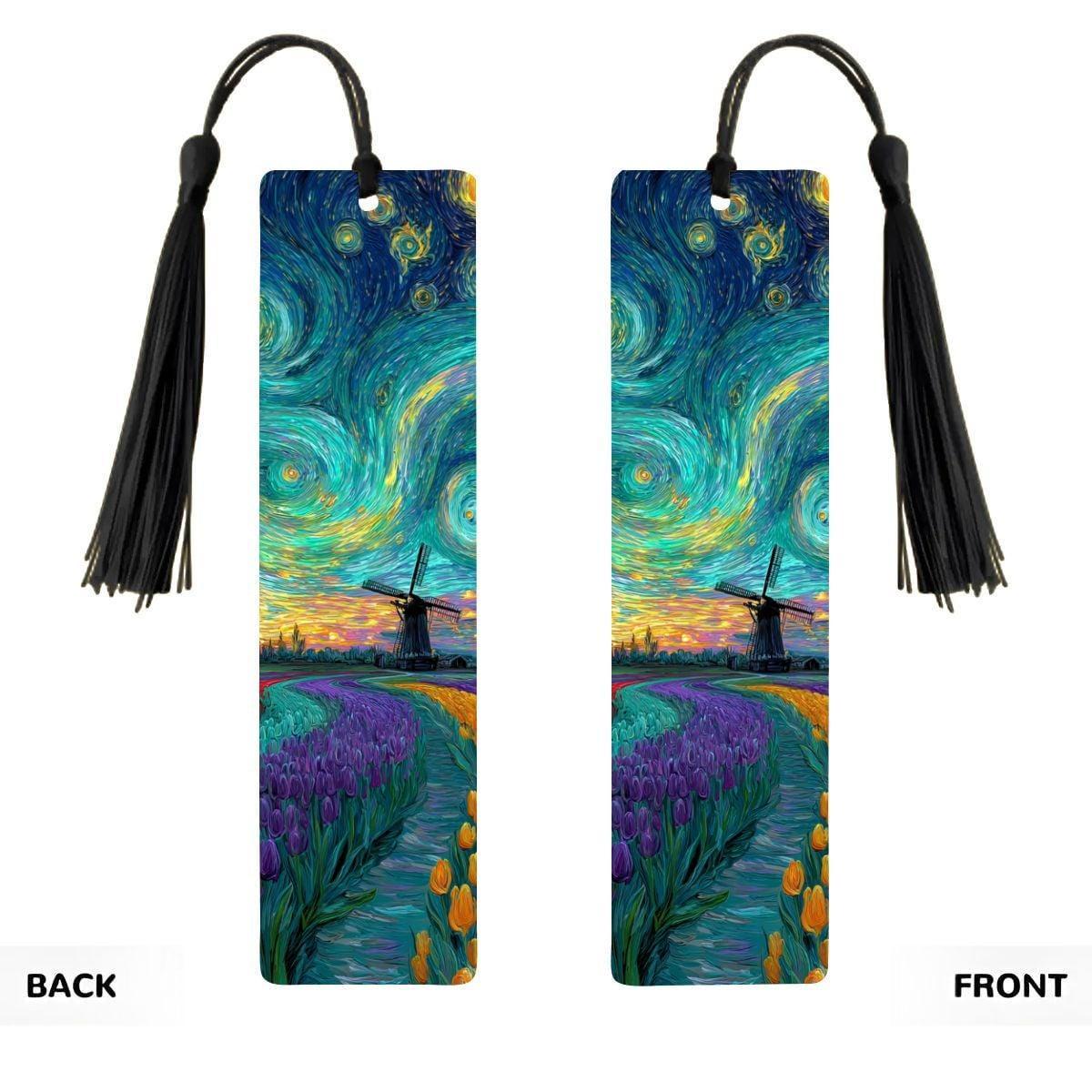 ColorFlow | Vibrant Tulip Field Windmill Metal Bookmark Van Gogh Style Sunset Swirl Art Double Sided Aluminum Reading Gift | Optional Person-2